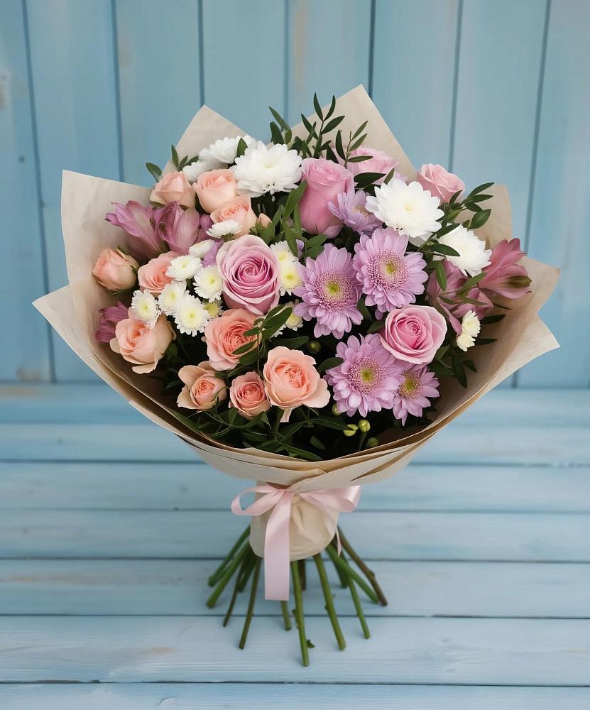 Букет цветов из: Хризантемы, Розы и Альстромерии в Уютном