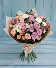 Букет цветов из:  Хризантемы, Розы и Альстромерии в Уютном