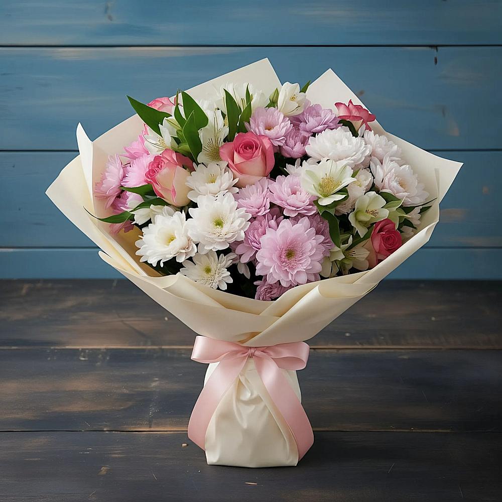 Букет цветов из: Хризантемы, Альстромерии и Розы в Уютном